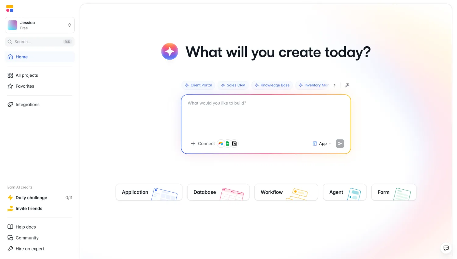 Softr home screen with an AI prompt box and options for Application, Database, Workflow, Agent, and Form