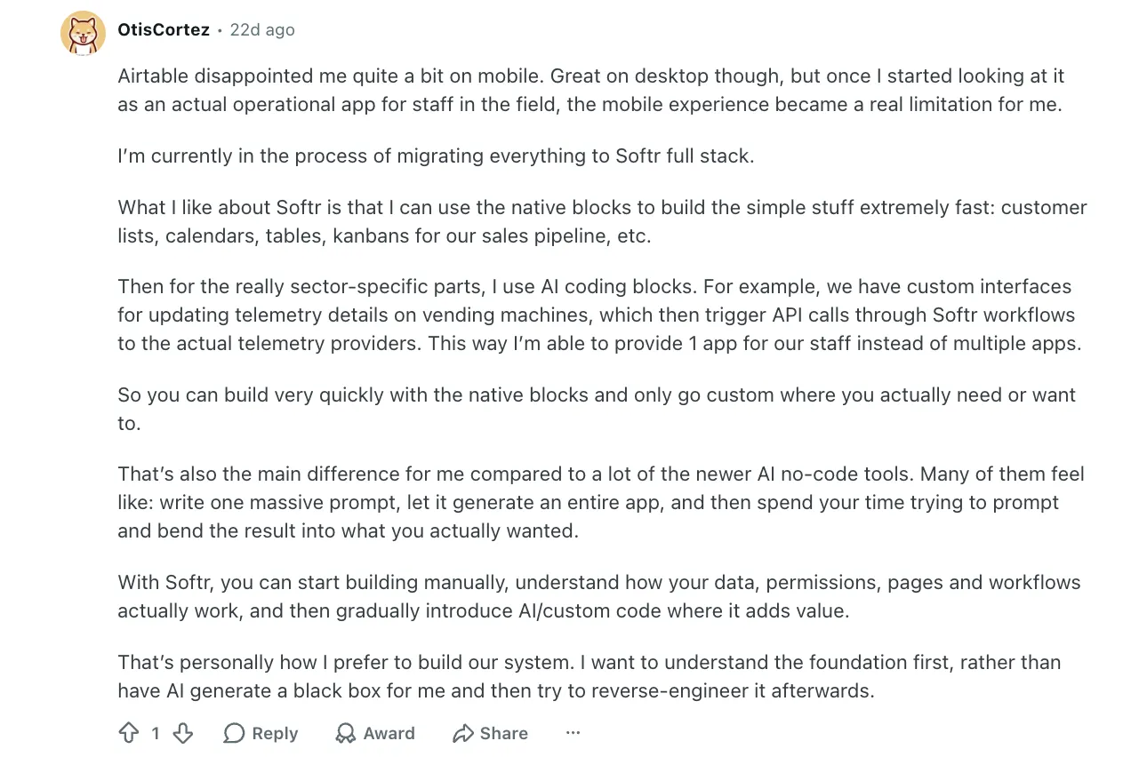Reddit comment about migrating from Airtable to Softr for mobile field staff