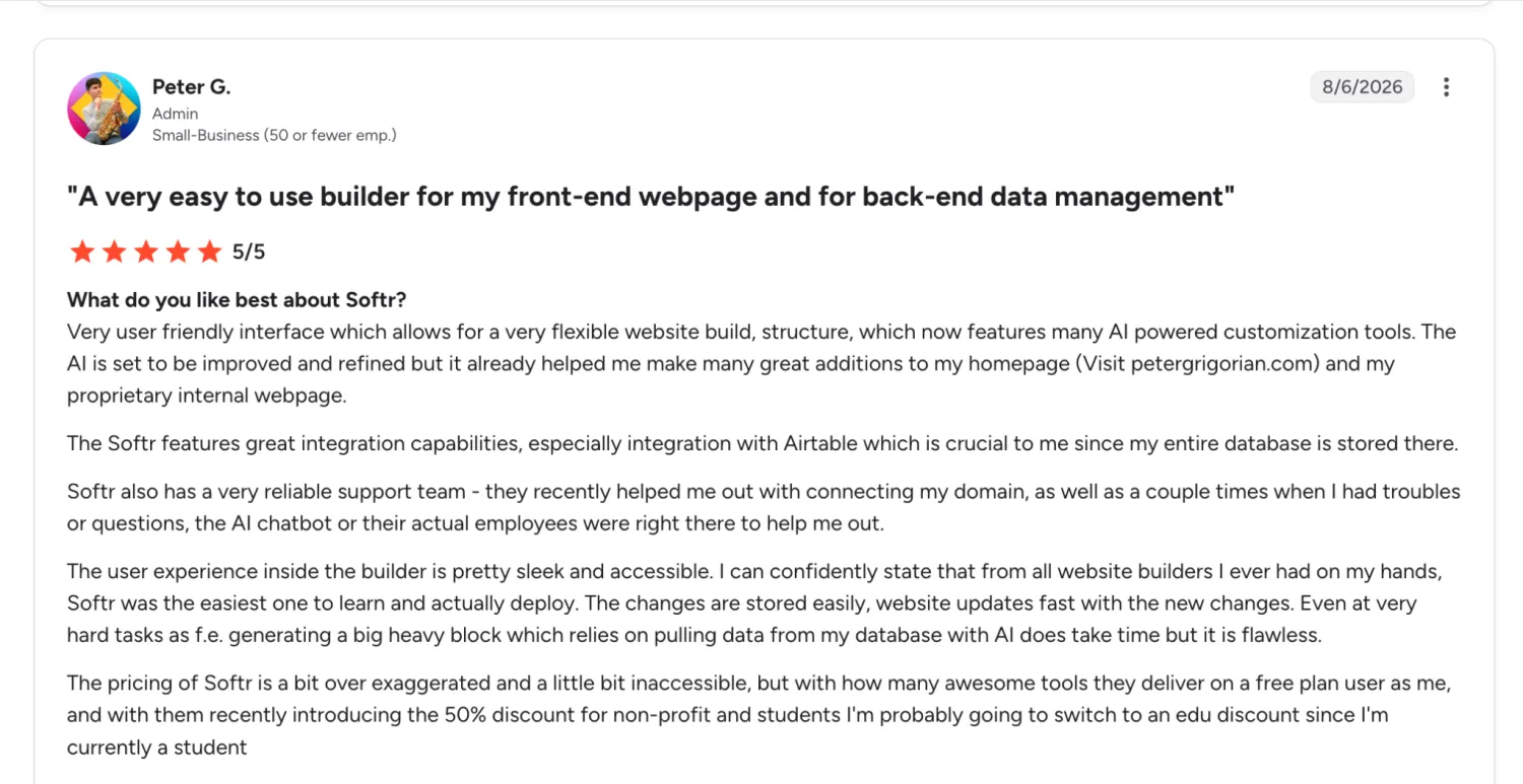 G2 review calling Softr an easy builder for front-end pages and back-end data