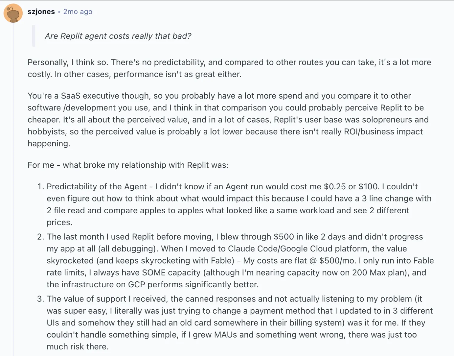 Reddit comment criticizing unpredictable Replit Agent costs and support