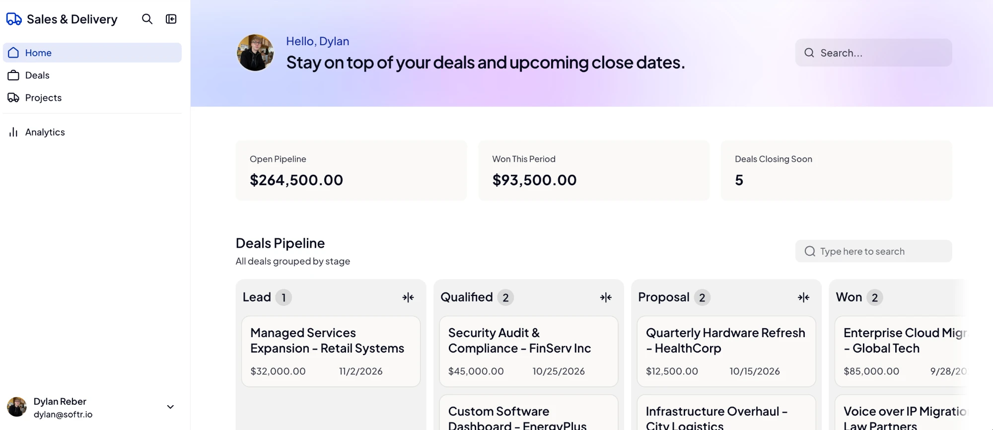 Sales & Delivery Home dashboard in Softr as Leadership, with pipeline KPIs and a deals kanban