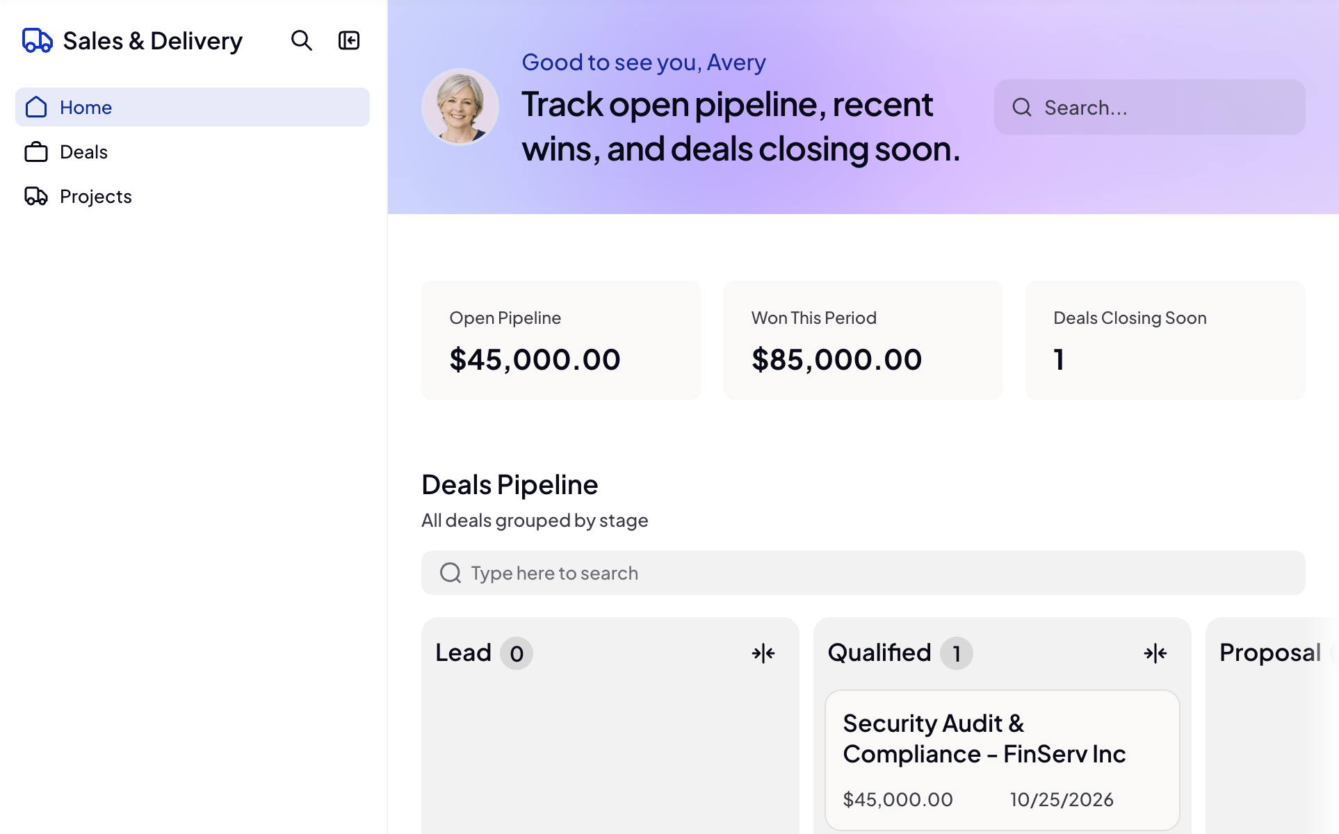 The same Home dashboard previewed as a Sales member, showing only her own deals