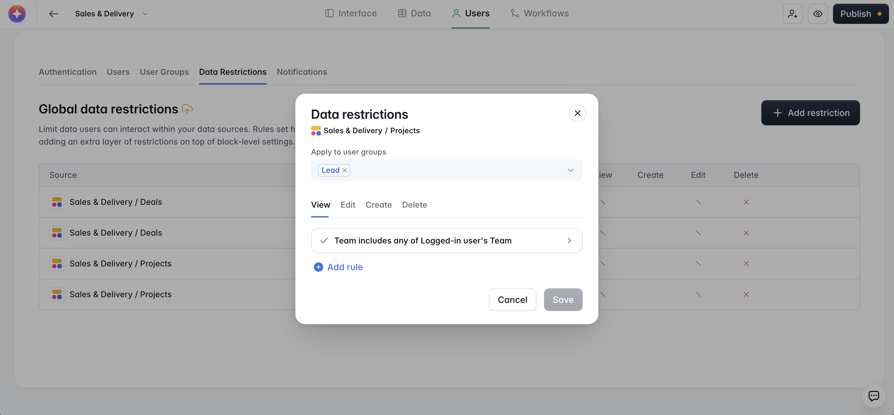 Softr Data Restrictions page with the Projects rule open, letting the Lead group view only projects whose team matches their own