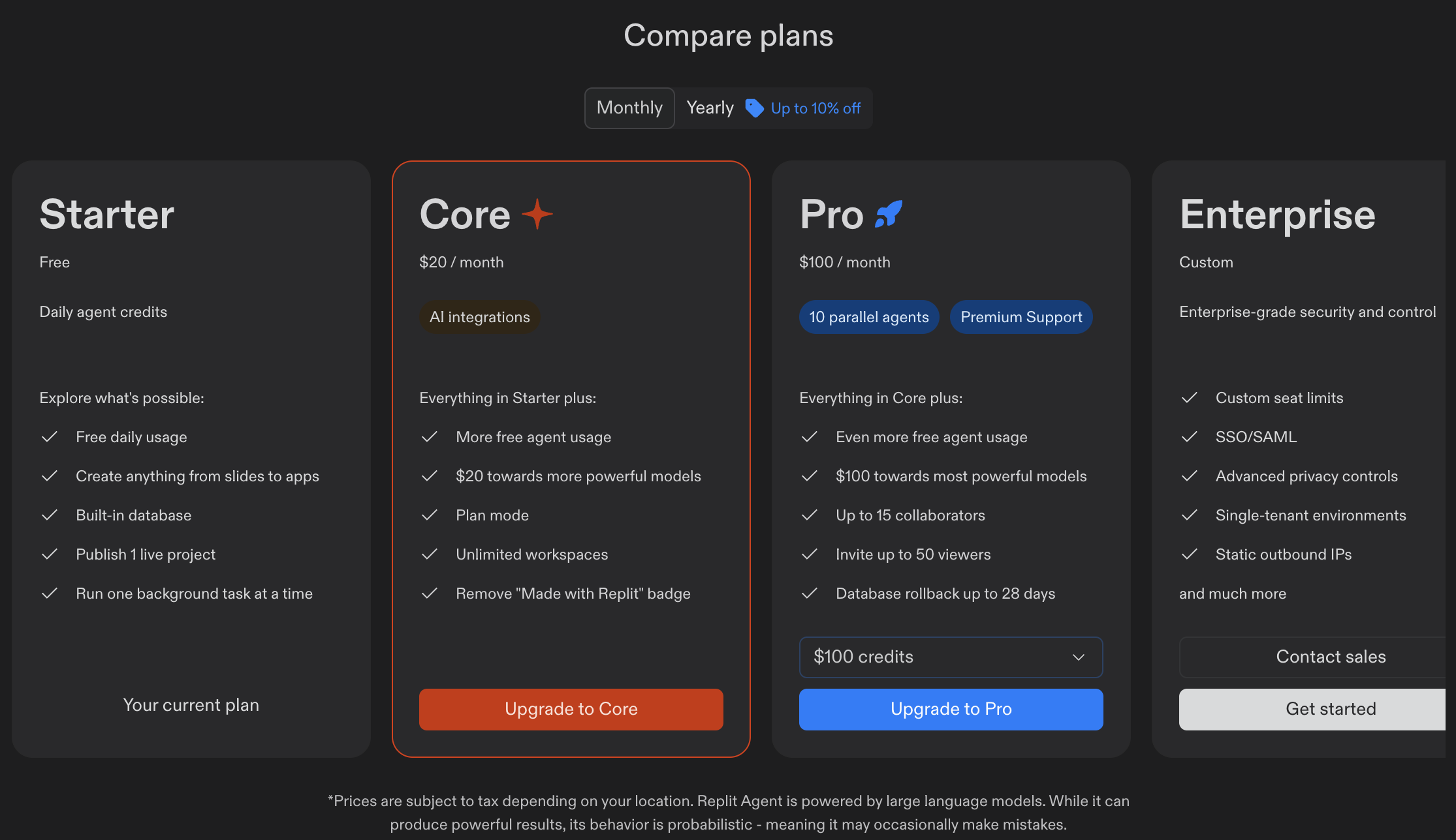 Replit plans compared: Starter, Core, Pro, and Enterprise