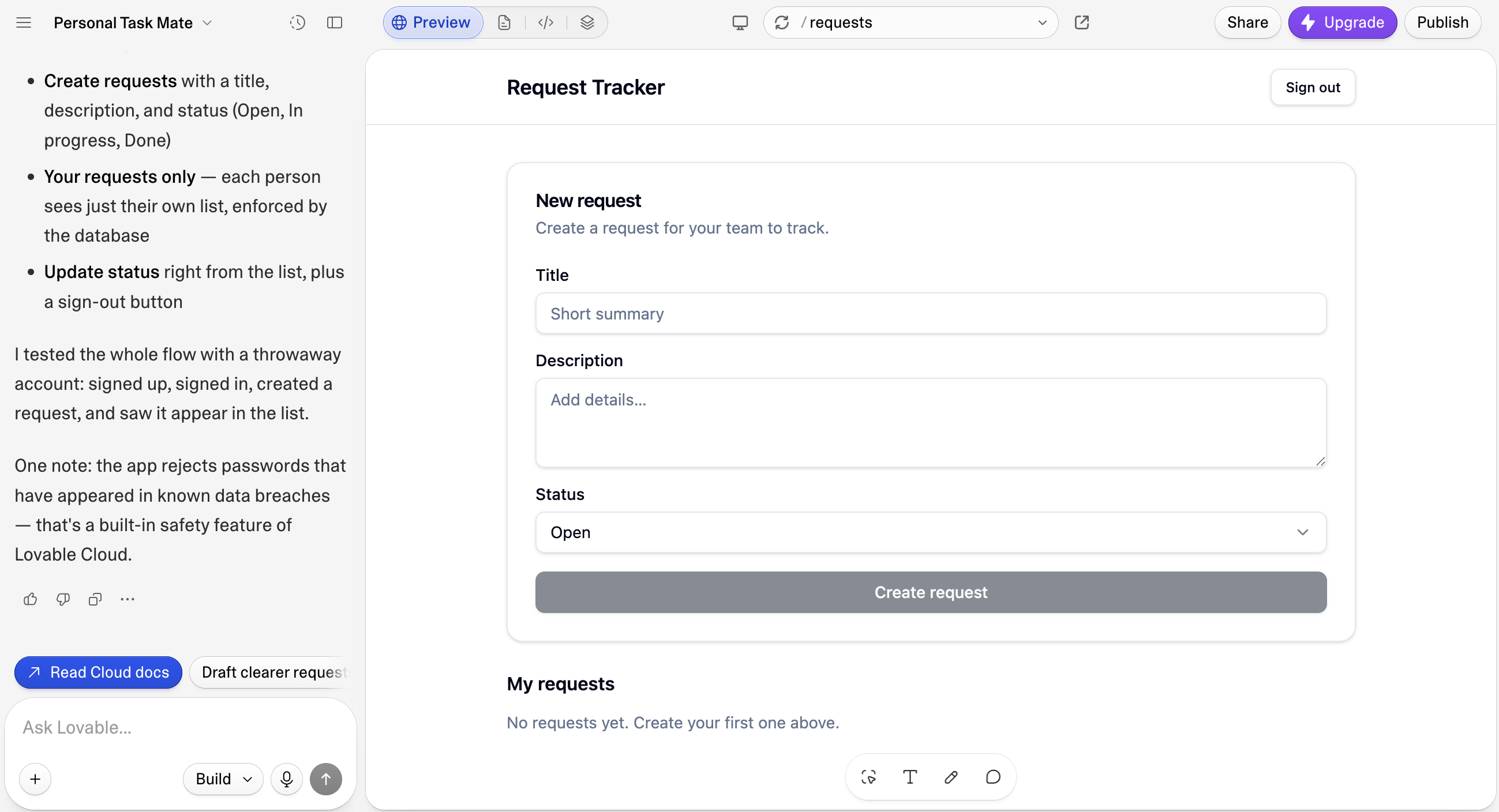 Lovable editor with a request tracker app built on the Free plan, showing the new request form and the user's own requests