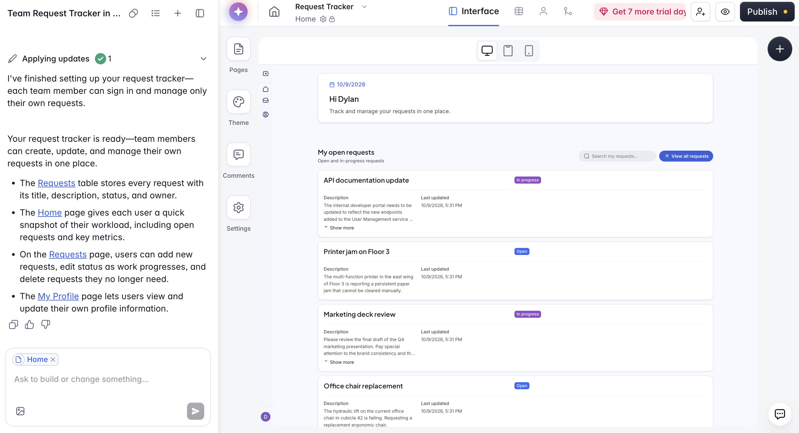 Softr AI Co-Builder summary next to a request tracker app built on the Free plan, showing a list of open requests