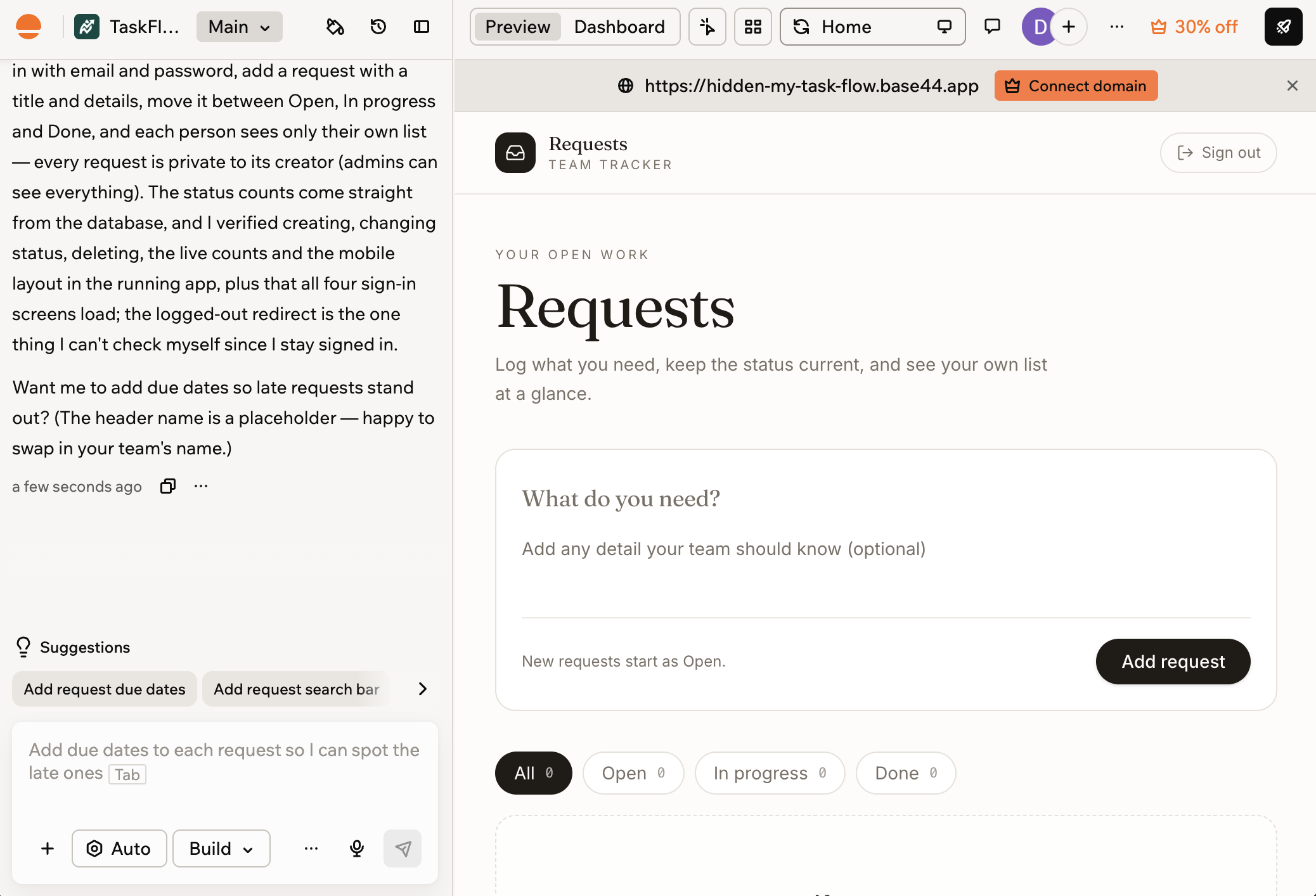 Base44 editor with a request tracker app built on the Free plan, showing the new request form