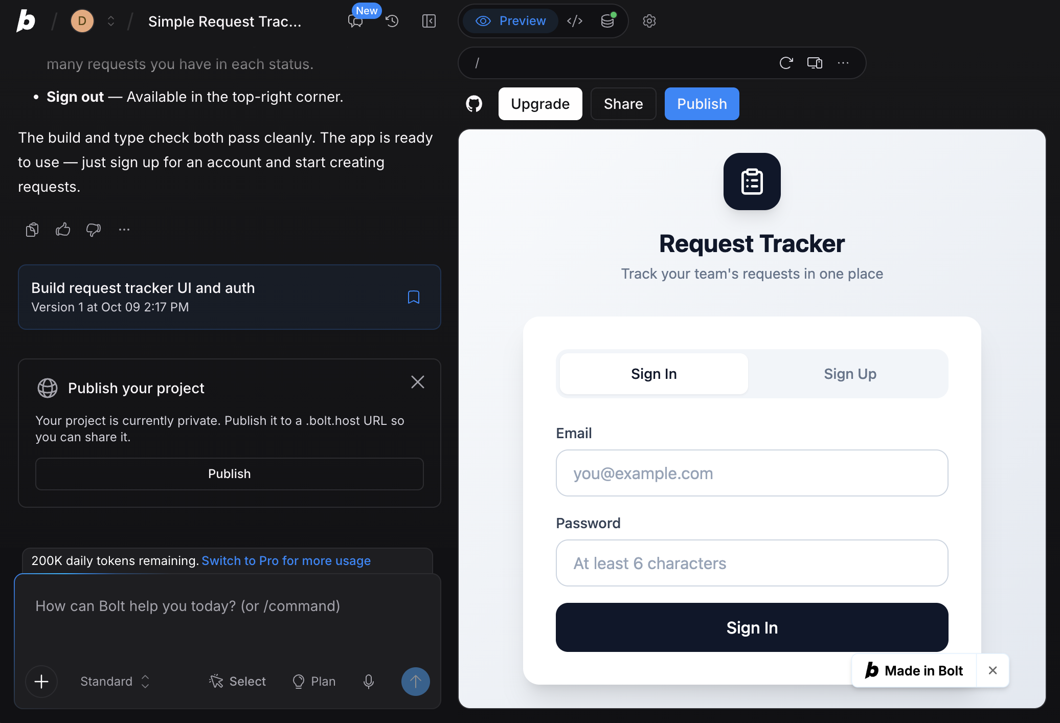 Bolt.new editor with a request tracker app built on the Free plan, showing the sign-in screen and the Made in Bolt badge