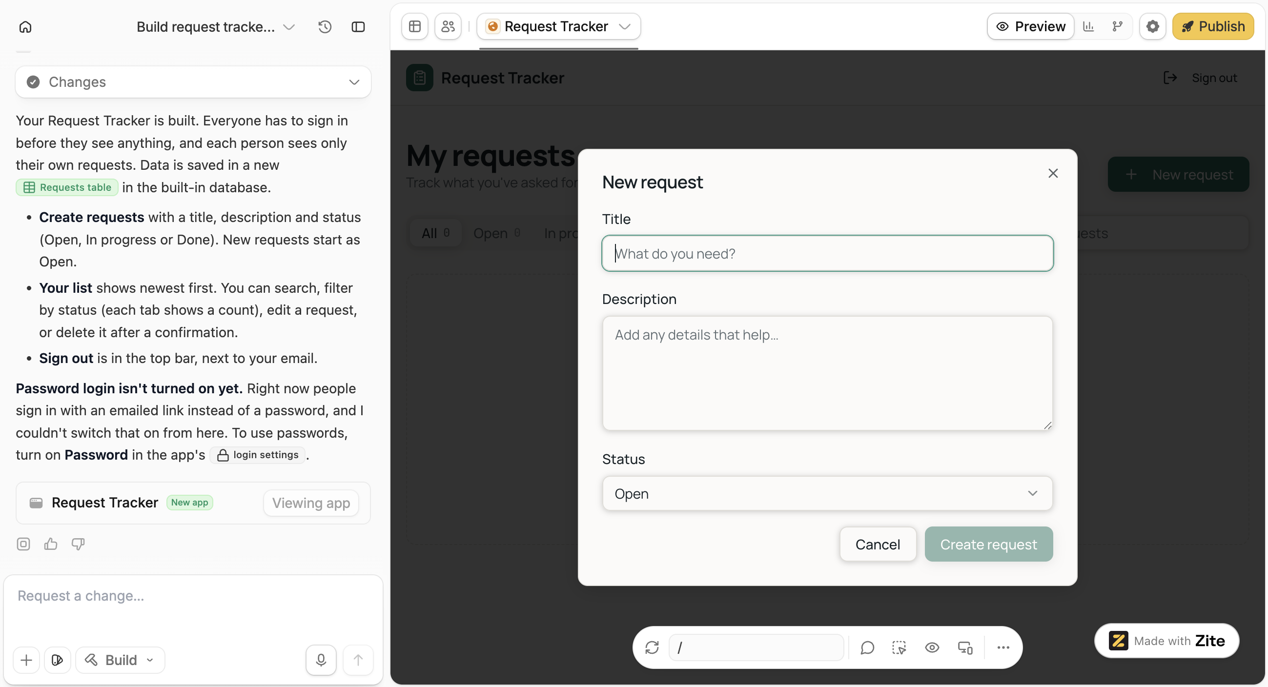 Zite editor with the New request form open in a request tracker app built on the Free plan