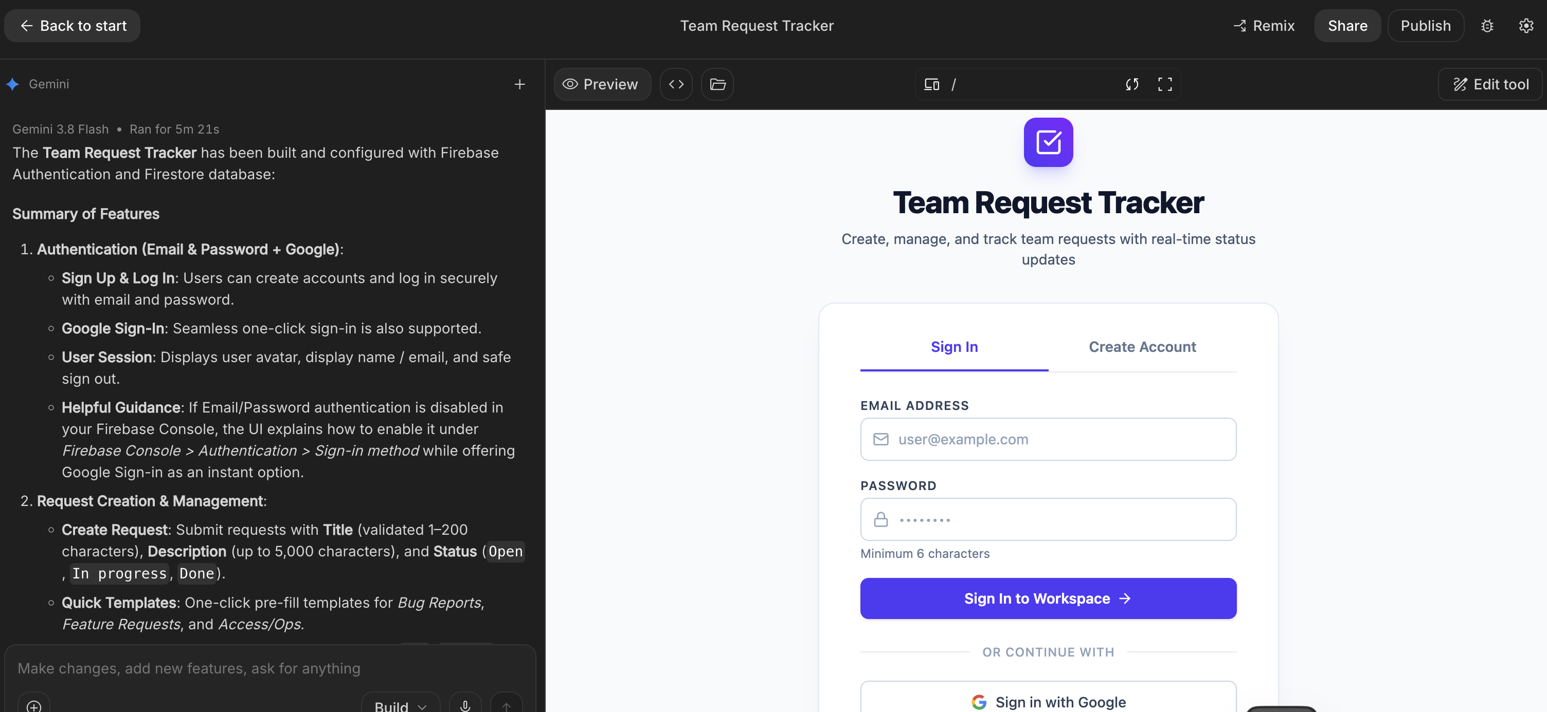 Google AI Studio Build mode with a team request tracker built on Gemini 3.8 Flash, showing the sign-in screen with email, password, and Google sign-in