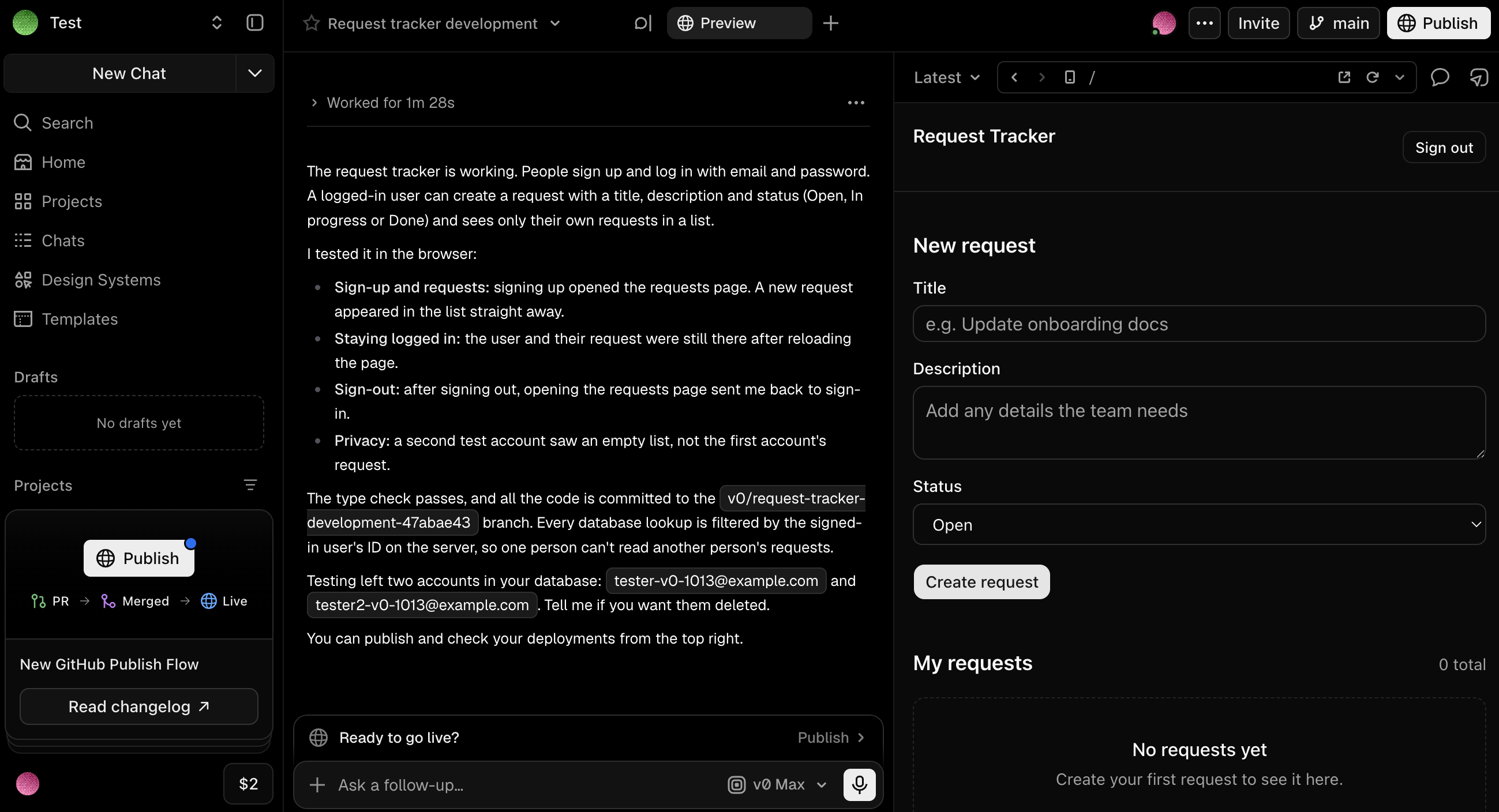 v0 editor with a request tracker app built on the Free plan, showing v0's own test summary and the new request form