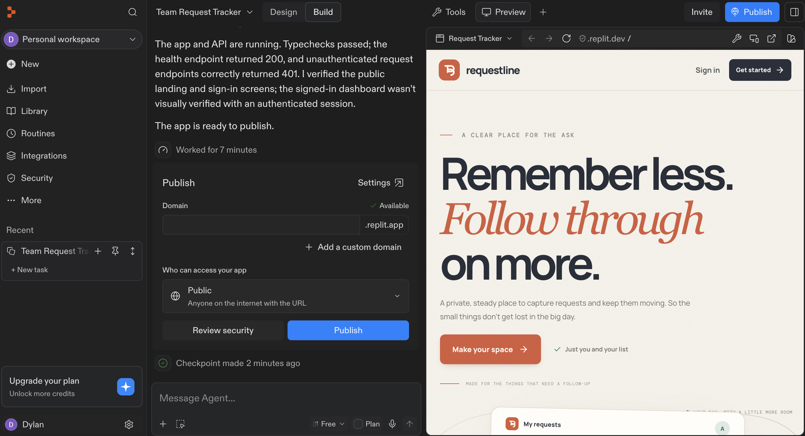 Replit workspace with a request tracker built on the Free plan, showing a marketing landing page