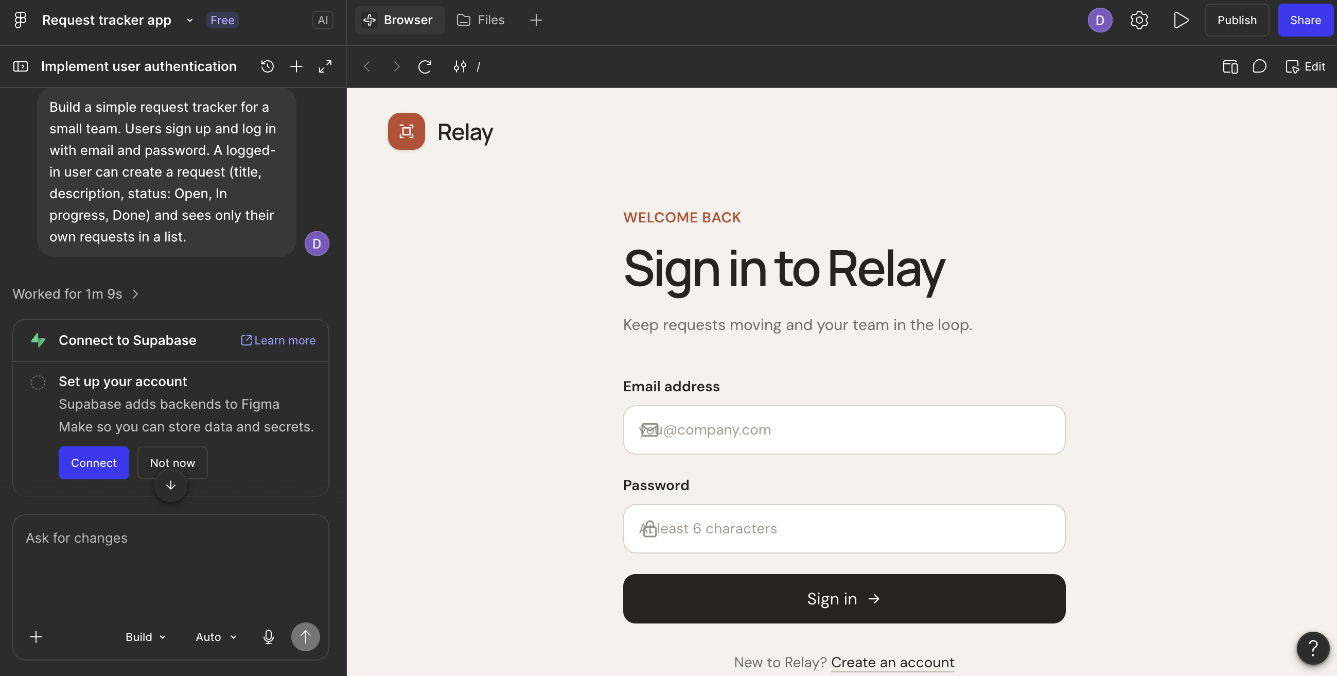 Figma Make with a request tracker built on the Starter plan, showing the sign-in screen and a prompt to connect Supabase