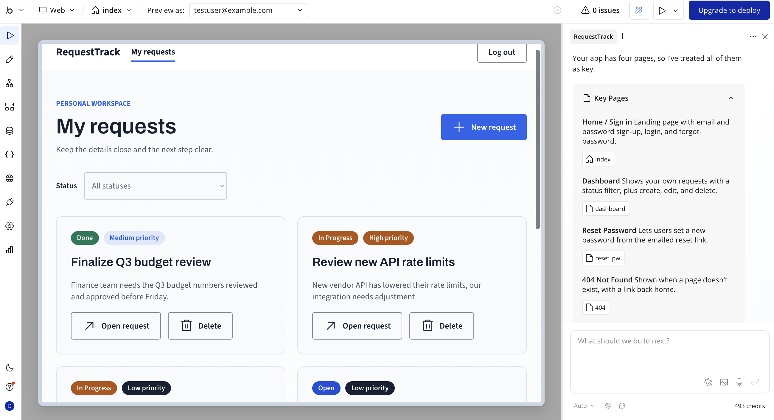 Bubble editor previewing the My requests dashboard of a request tracker generated on the Free plan, with the AI panel listing the pages it built