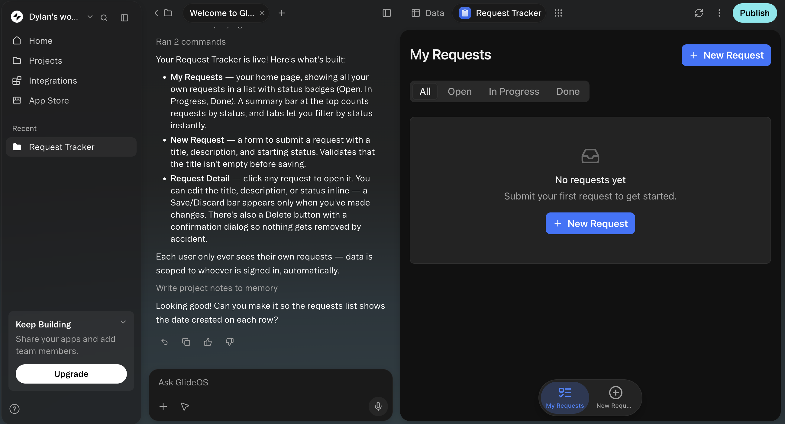 GlideOS with a request tracker built on the Free plan, showing the build summary and the My Requests screen with status tabs