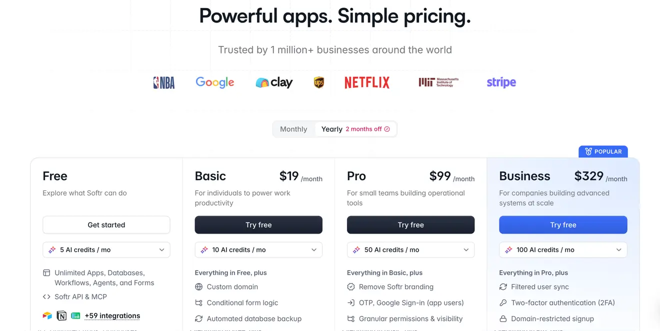 Softr's pricing page listed
