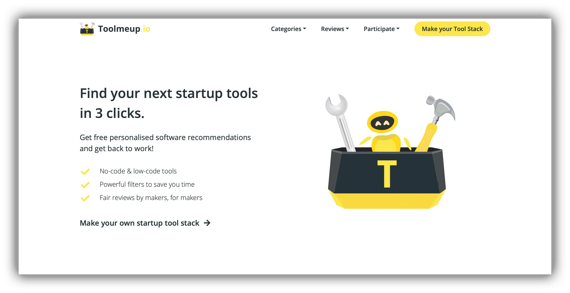 ToolMeUP home page built with Softr offering startup tool recommendations and a tool stack button