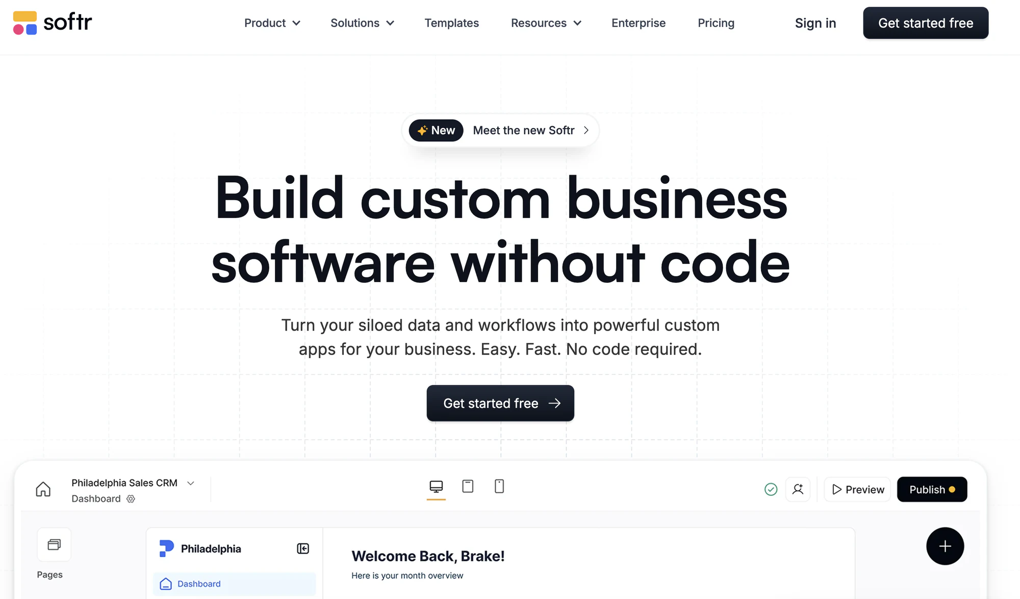 Softr.io home page with a get started free button above a Softr sales CRM app preview
