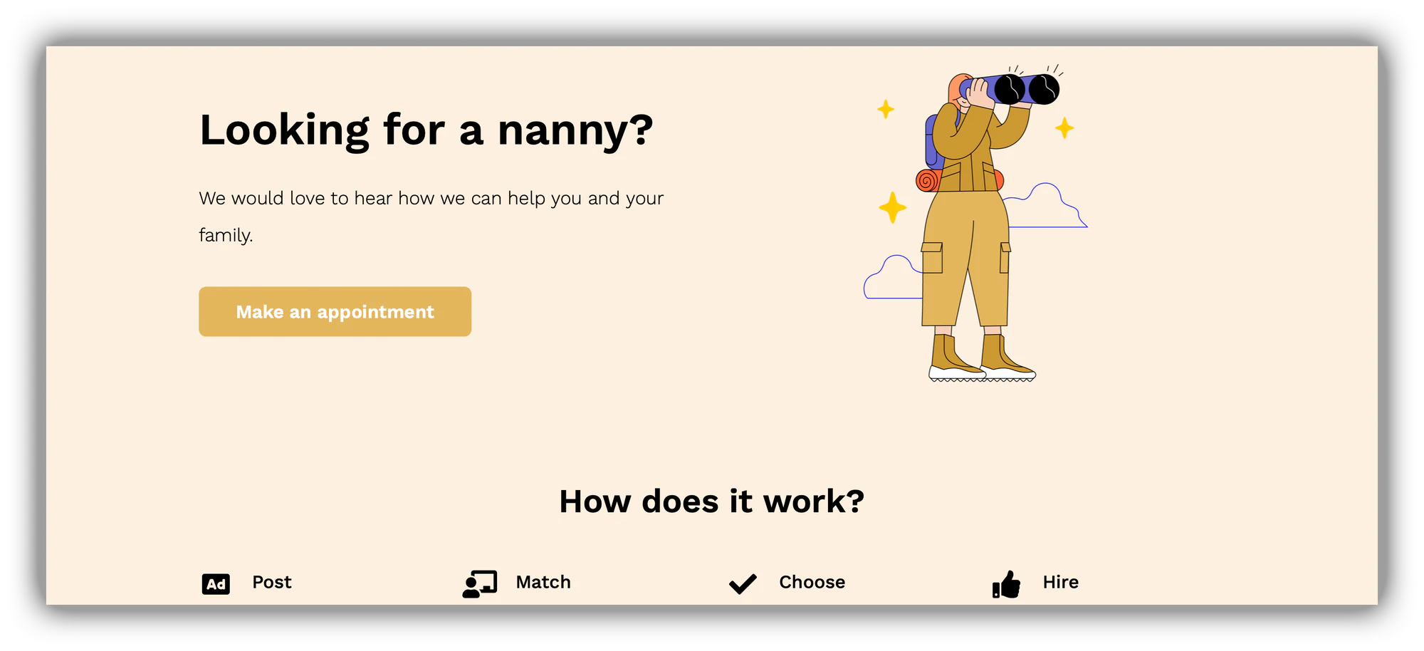 Nanny Network home page built with Softr with a make an appointment button and how it works steps