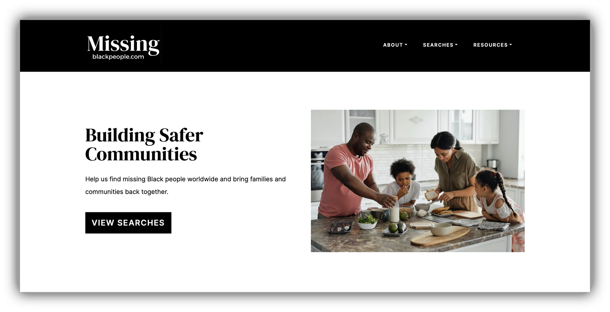 Missing Black People home page built with Softr with a family photo and a view searches button