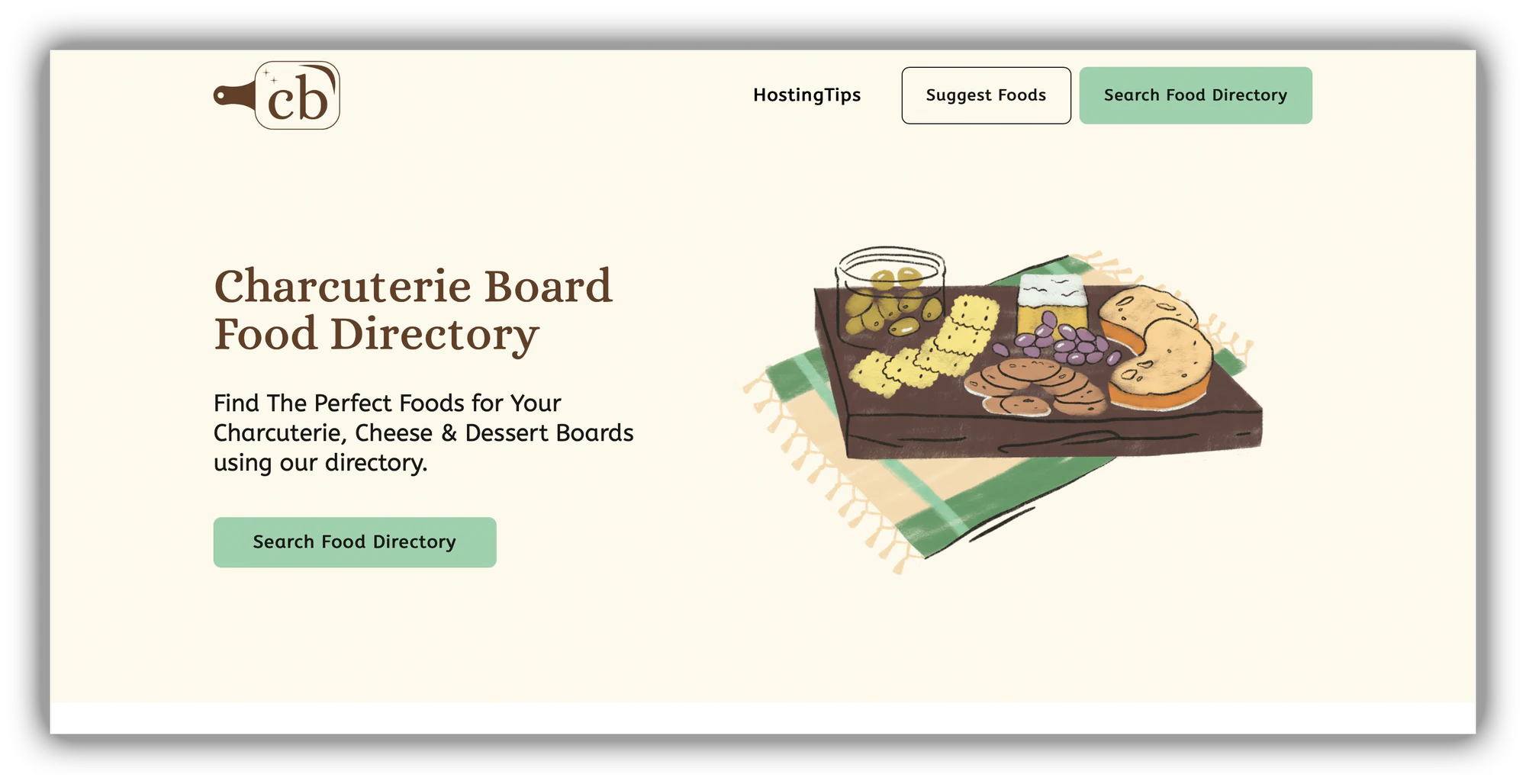 Charcuterie Board Food Directory home page built with Softr with a food directory search button