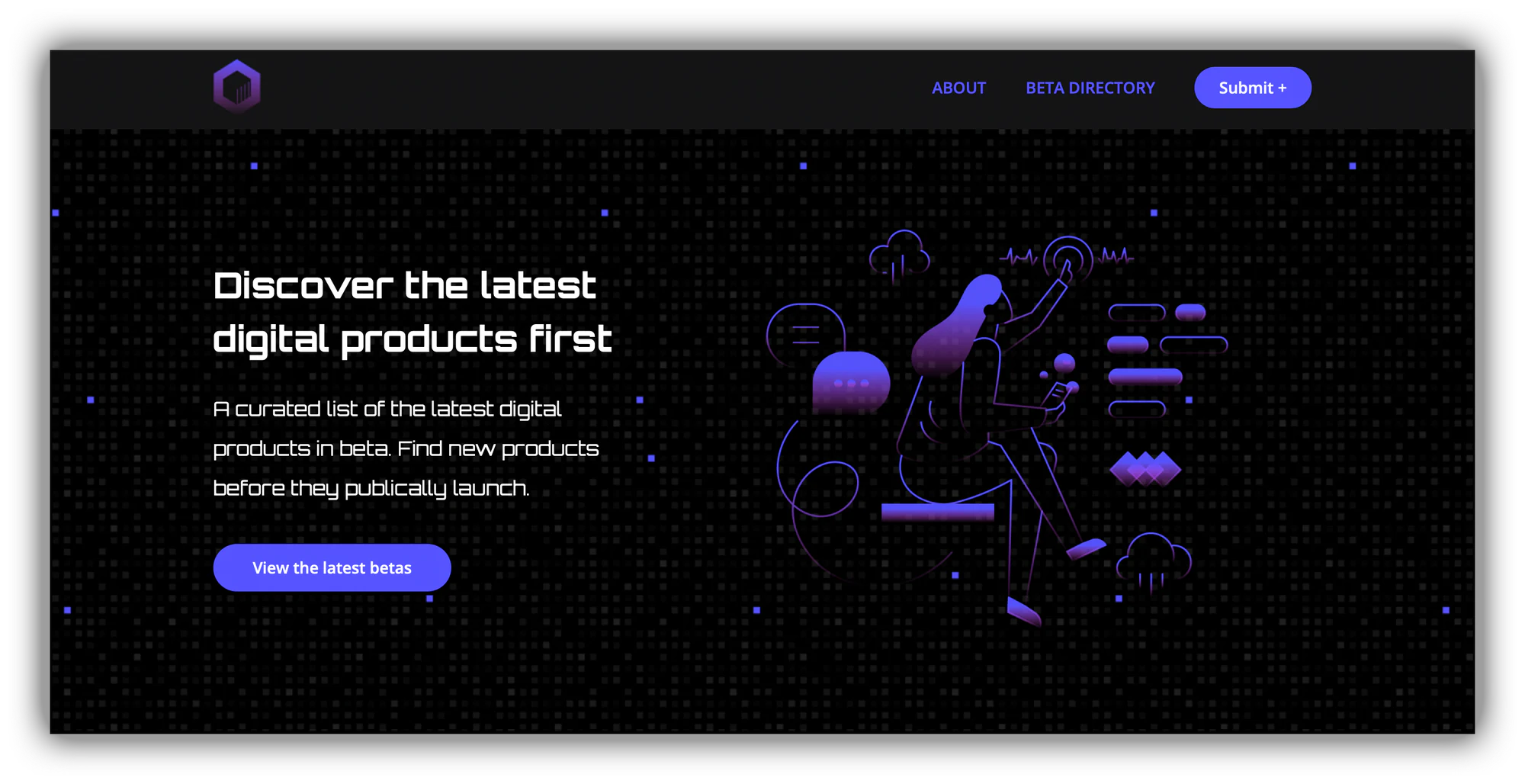 Beta Directory home page built with Softr listing digital products in beta on a dark background