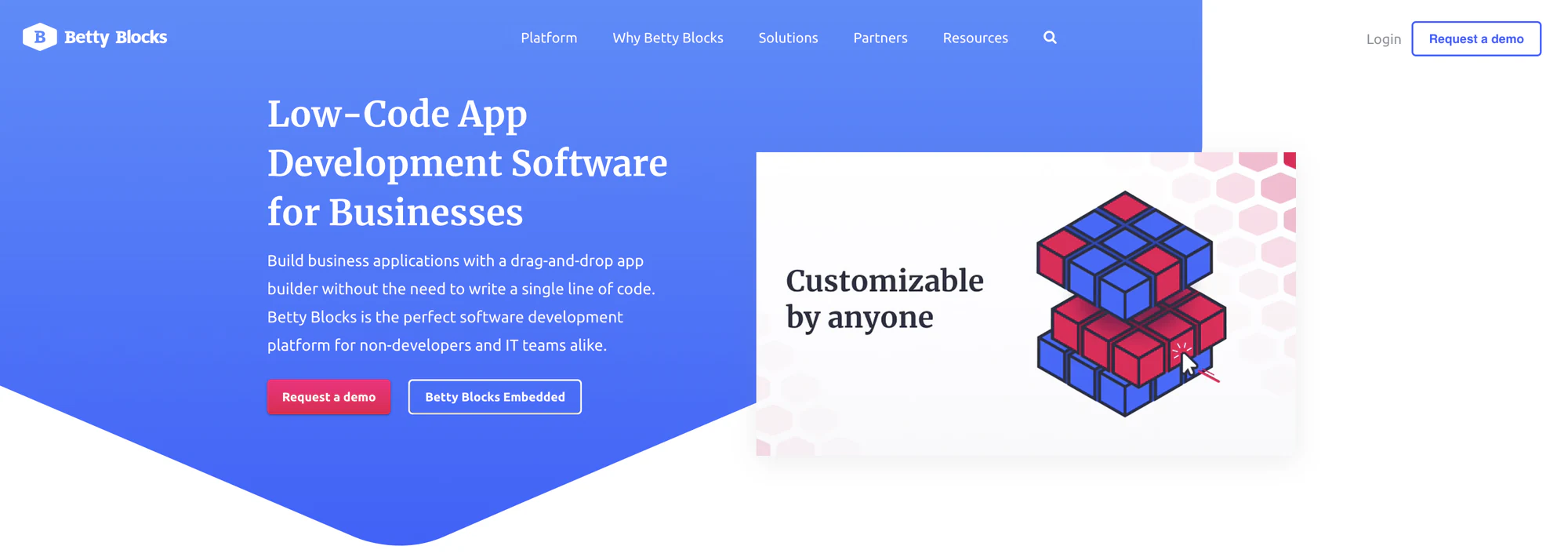 Betty Blocks visual development environment showing block-based enterprise app building