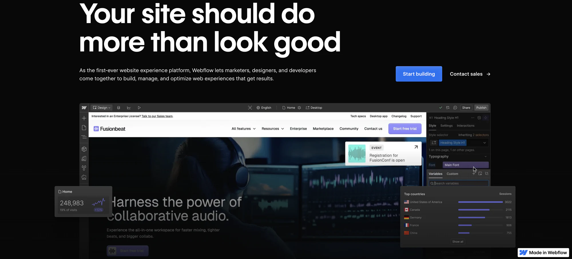 Webflow's visual design canvas showing breakpoint and styling controls