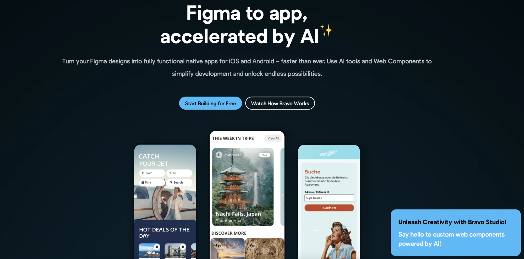 Bravo Studio interface showing a Figma design converted into a native mobile app screen
