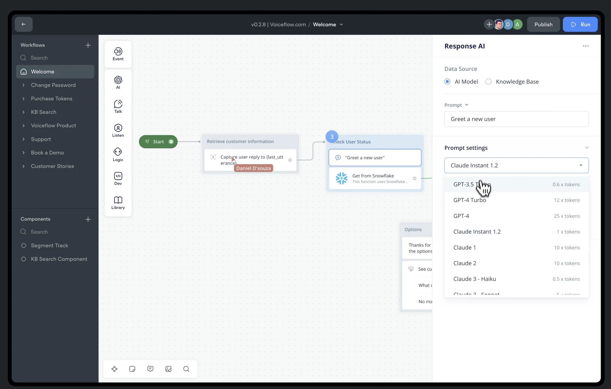 Voiceflow conversation design canvas showing branching dialogue flows