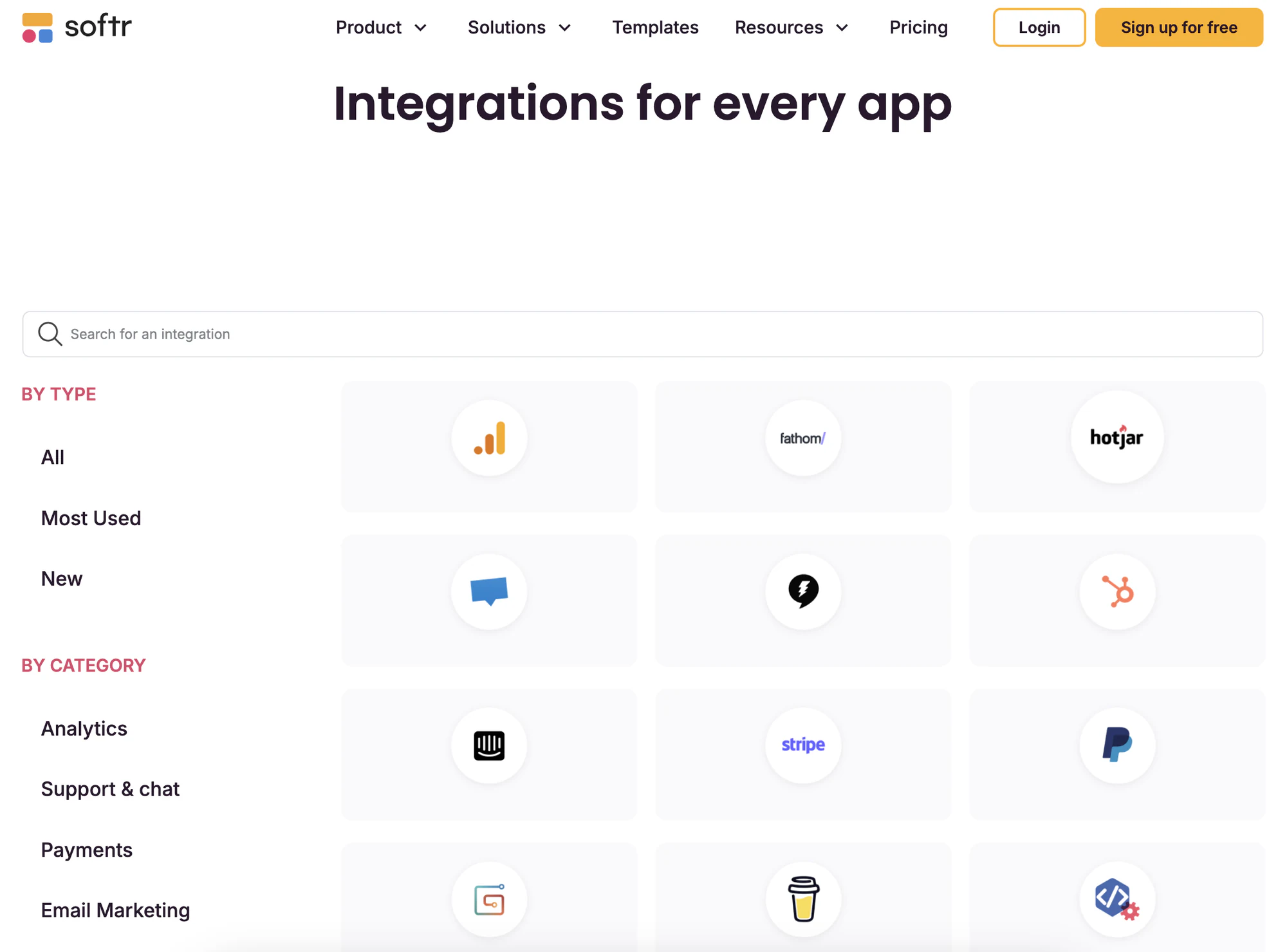 Softr's native database and integrations panel showing connected data sources