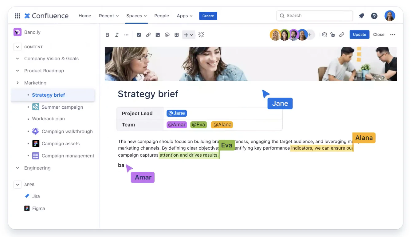Confluence strategy brief page being edited by several teammates at once