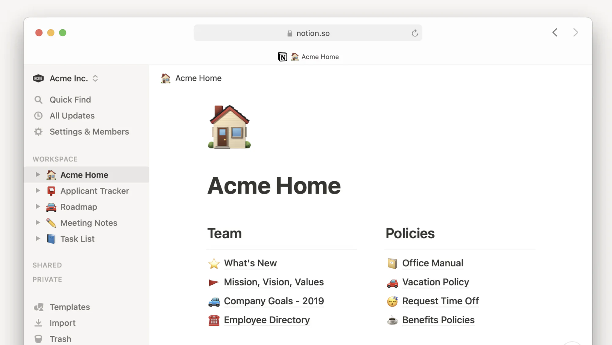 Notion team wiki home page with team links and company policies such as office manual