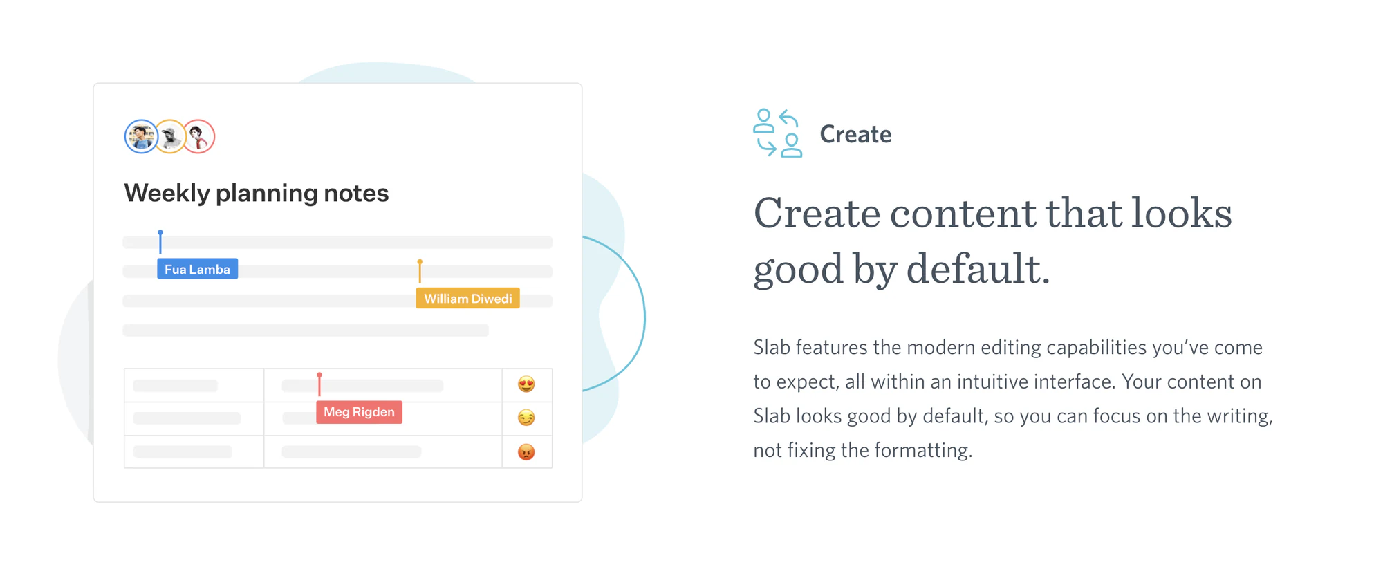 Slab product page showing collaborative weekly planning notes with teammate cursors