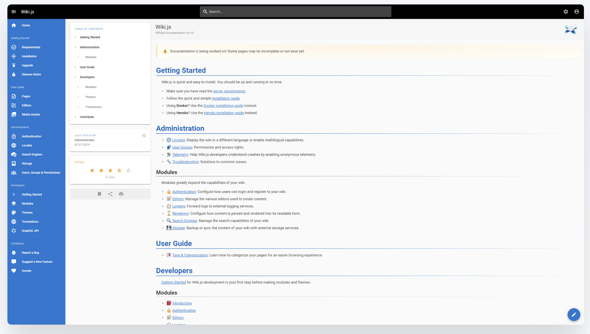 Wiki.js documentation page with a table of contents and sections for administration and developers