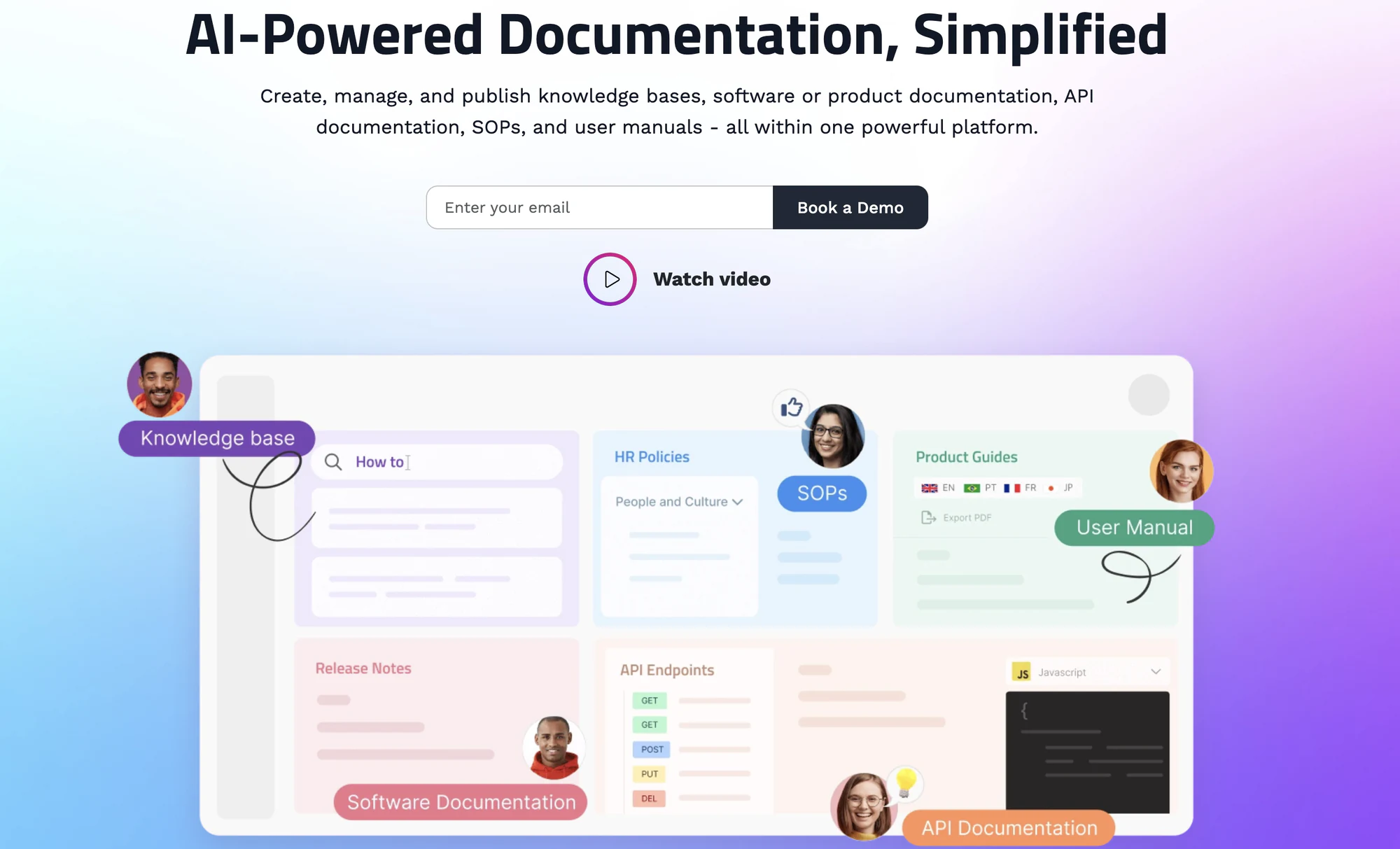 Document360 home page showing knowledge base, SOP, API and user manual documentation types