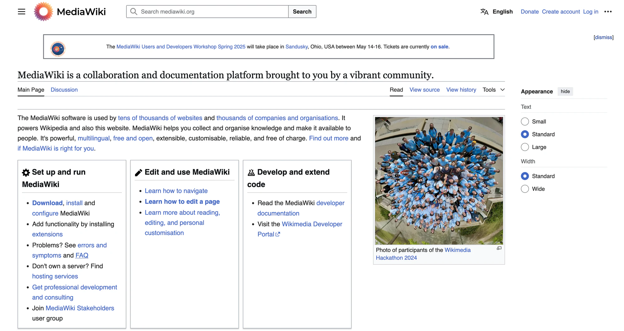 MediaWiki main page with setup, editing and developer documentation link sections