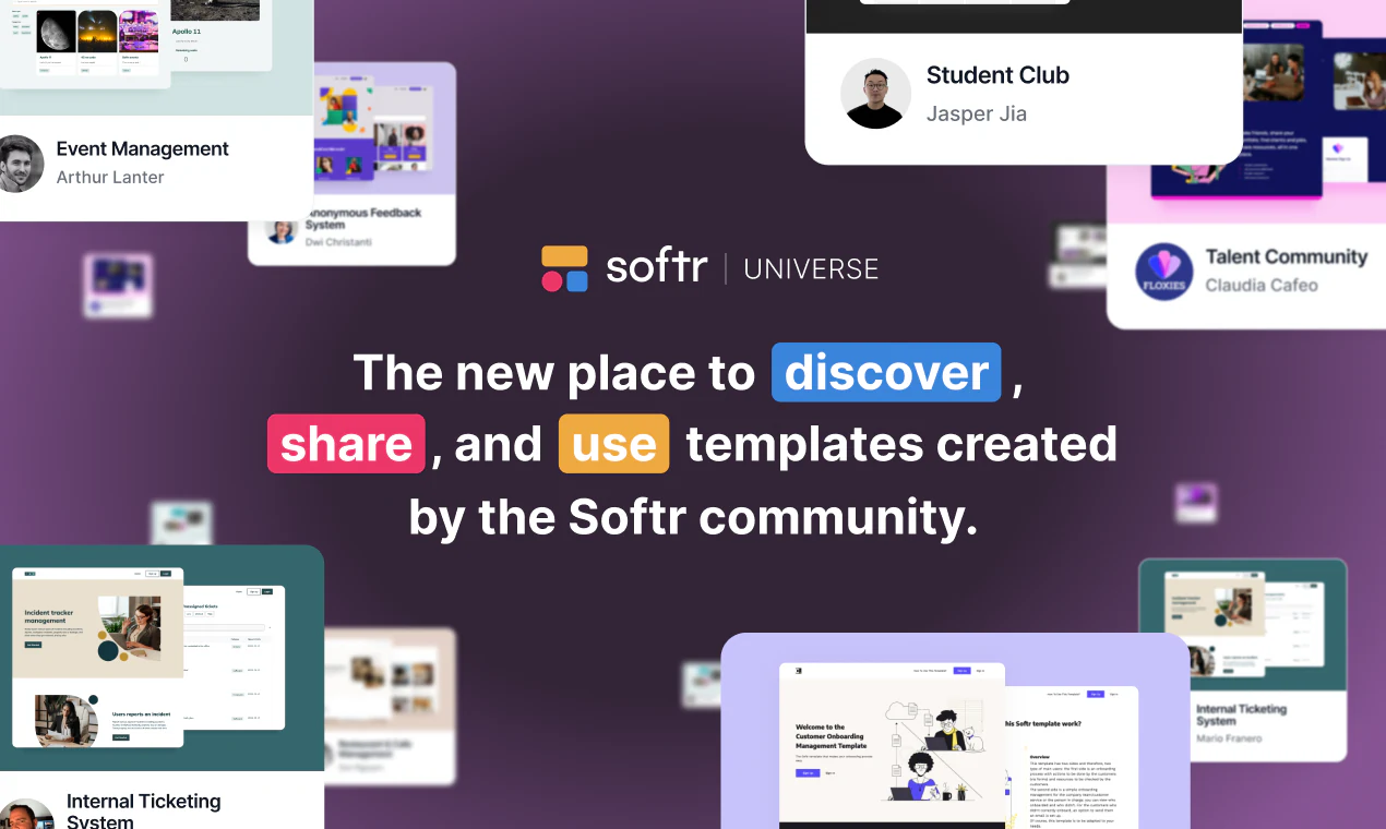 Softr Universe launch banner for discovering and sharing community templates, surrounded by template cards