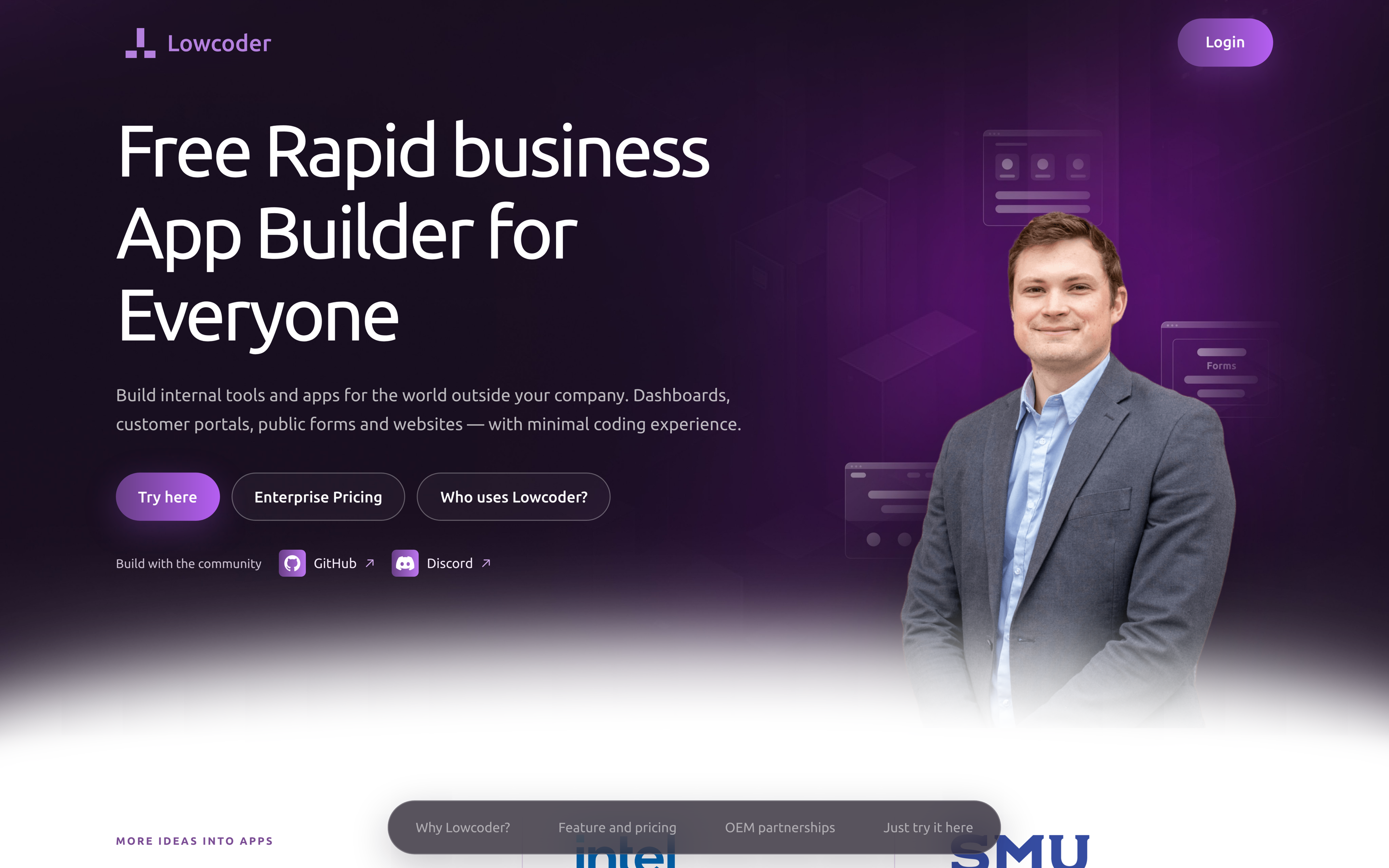 Lowcoder homepage for a free, open-source business app builder