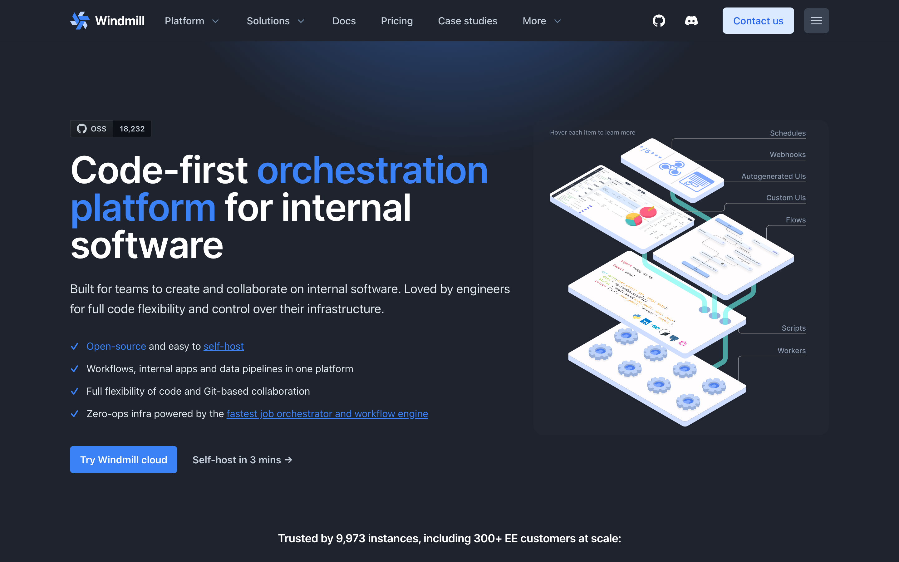 Windmill homepage for a code-first orchestration platform for internal software