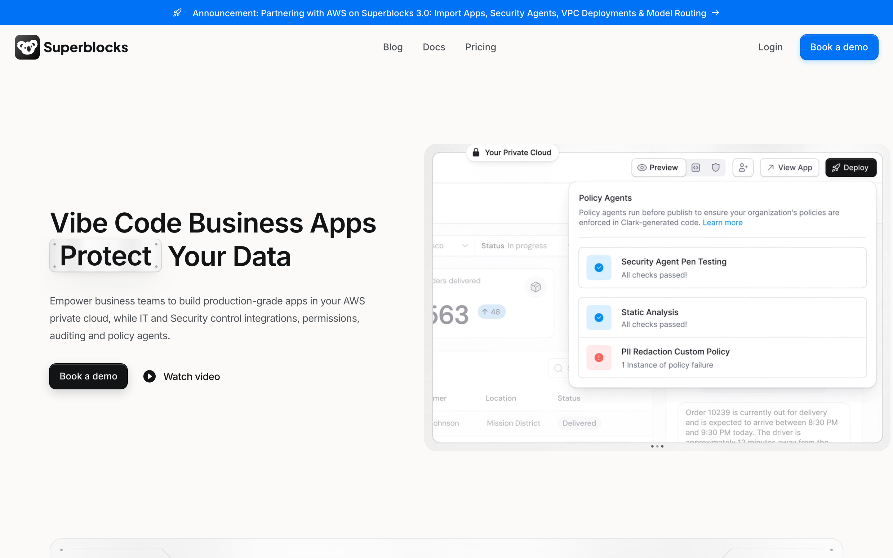 Superblocks homepage for vibe coding business apps in your private cloud, with a policy agents panel