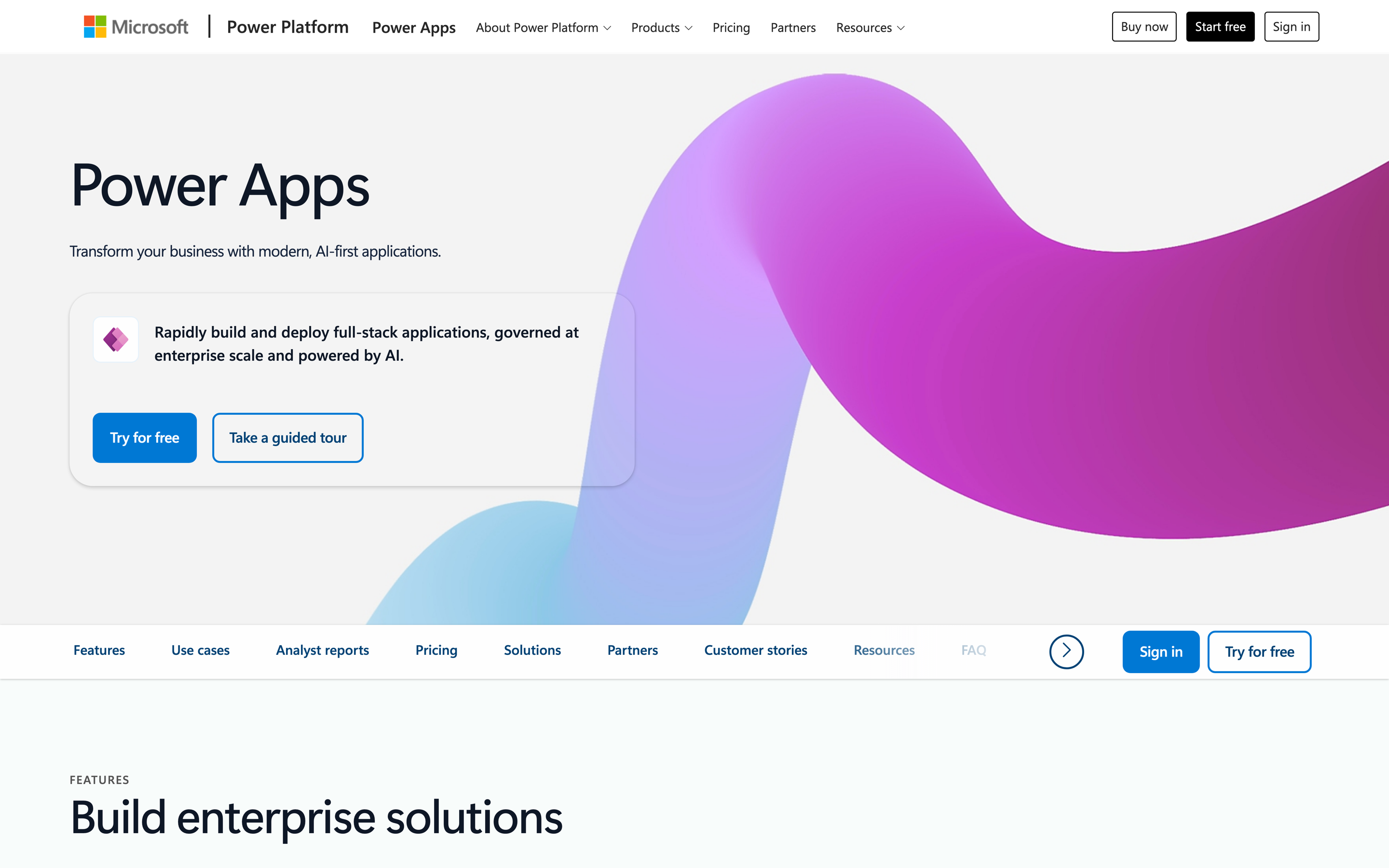 Microsoft Power Apps homepage with Try for free and Take a guided tour buttons