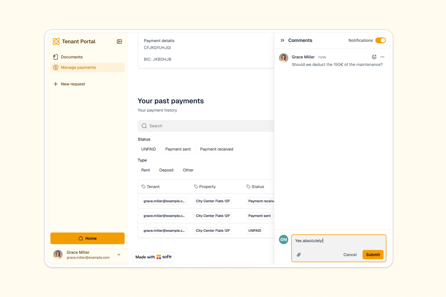 Airtable data displayed in a custom dark-themed business app interface built with Softr