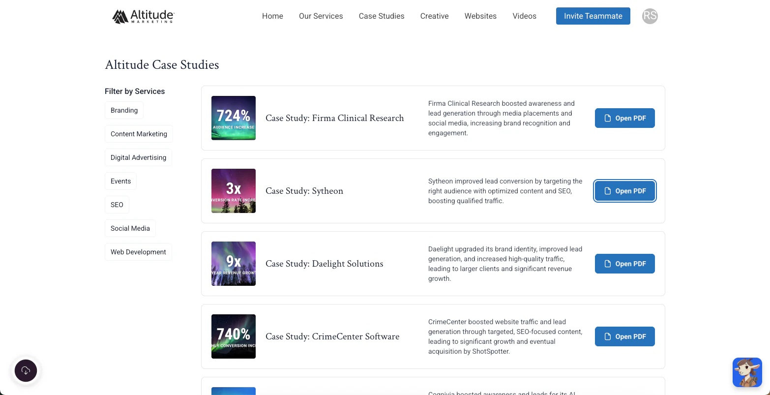 Altitude Marketing sales enablement portal showing case studies filtered by service