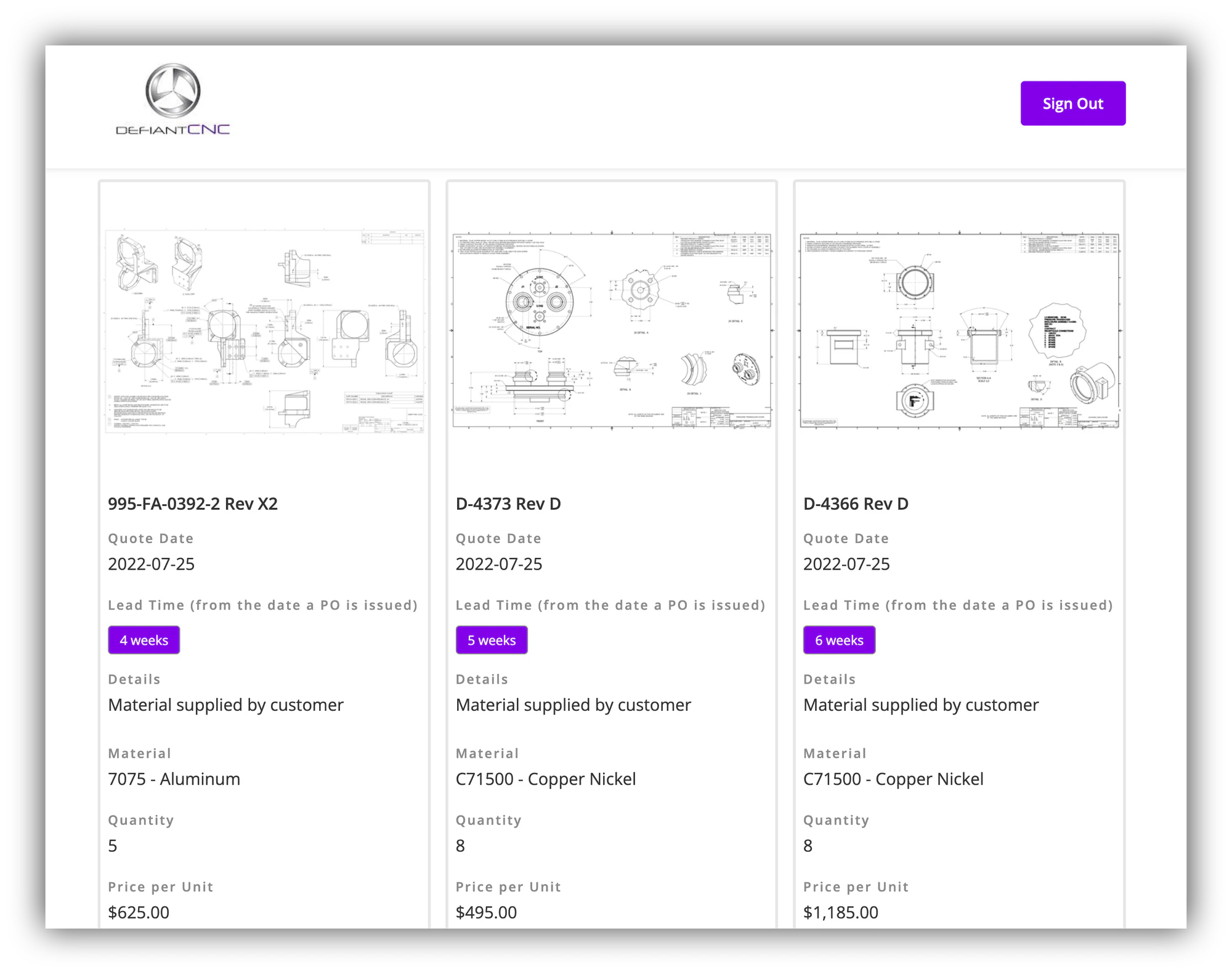 Defiant CNC manufacturing client portal showing part quote cards with drawings, material and lead time