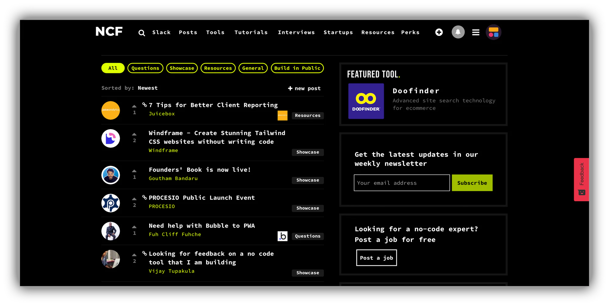 No Code Founders community homepage for entrepreneurs