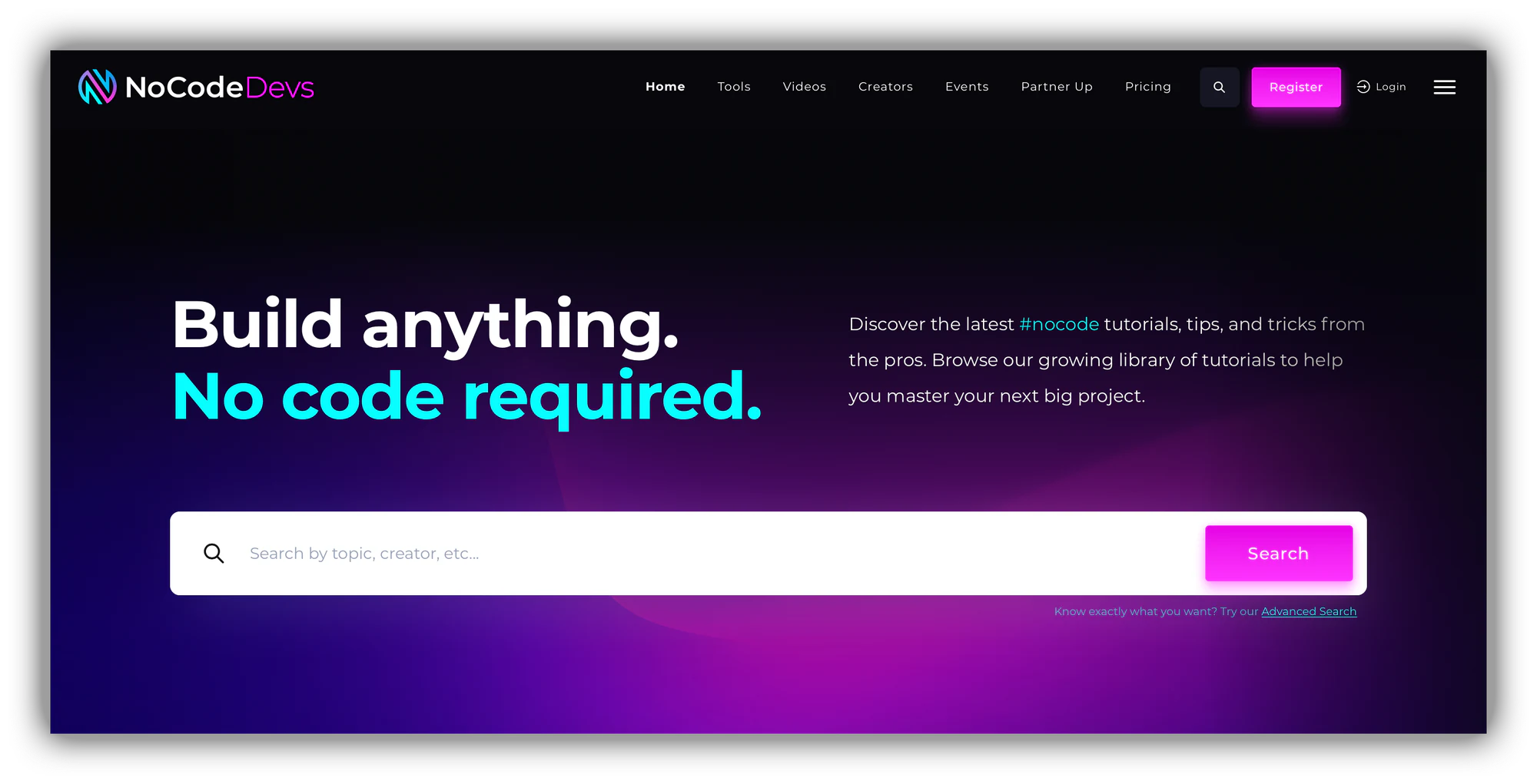 NoCodeDevs community homepage with no-code tips and tutorials