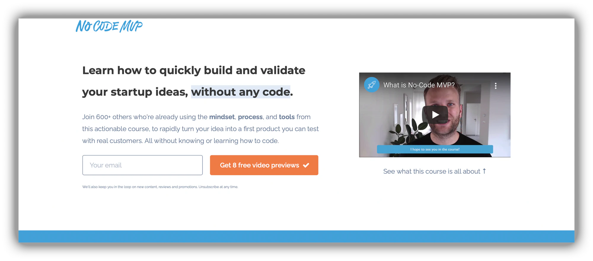 No Code MVP course homepage with video tutorials