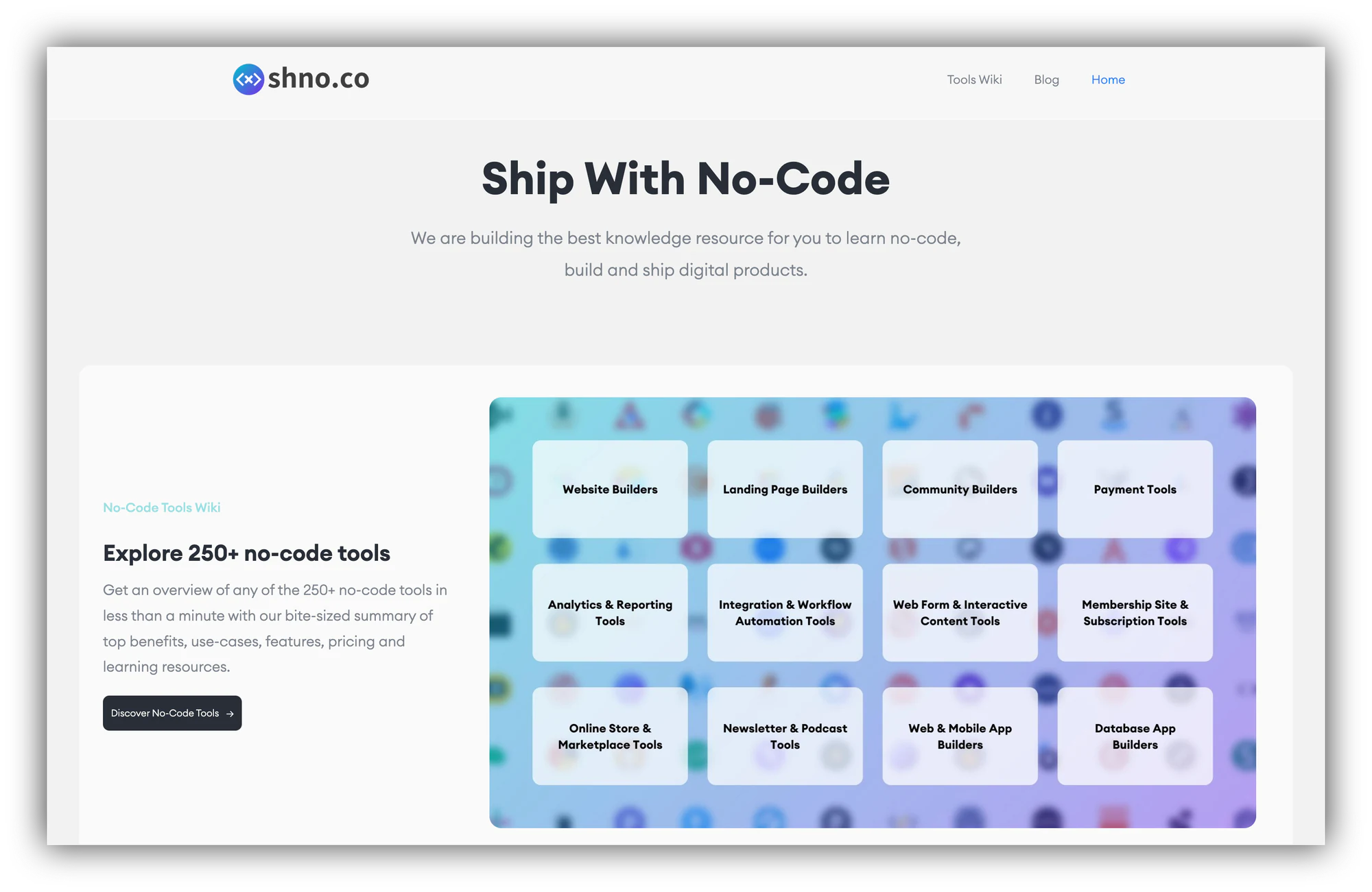 Shnoco no-code learning repository homepage