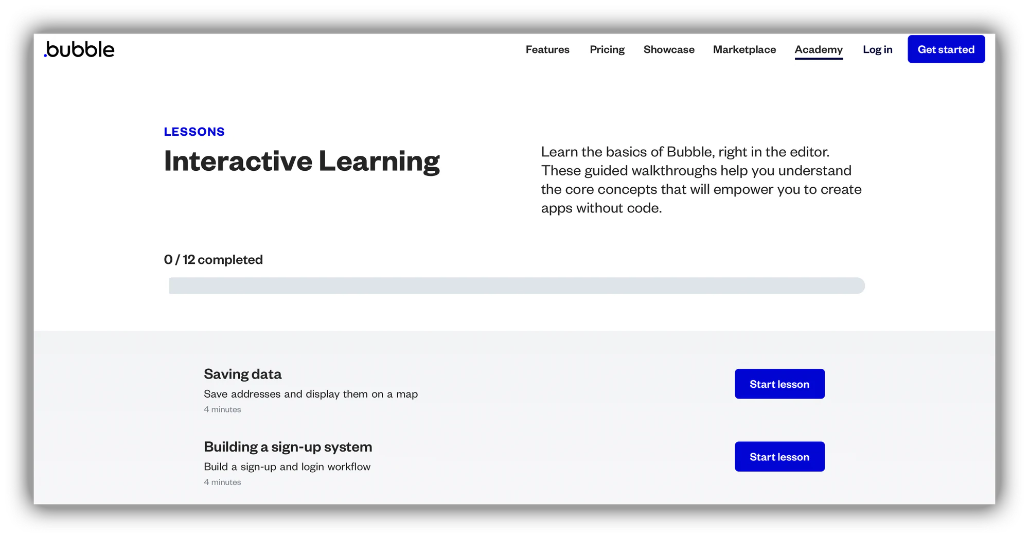 Bubble Academy lessons page for learning no-code app building